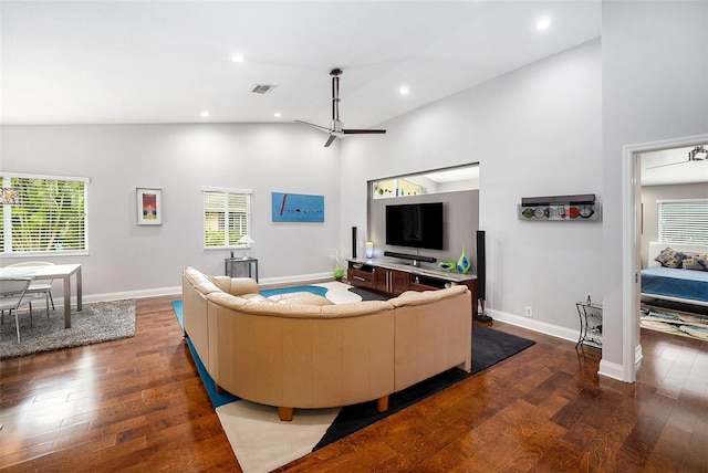 3268 Tanglewood Trl, Palm Harbor, FL 34685 - living room with wood finished floors, high vaulted ceiling, ceiling fan, baseboards, and recessed lighting