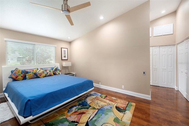 3268 Tanglewood Trl, Palm Harbor, FL 34685 - bedroom featuring wood finished floors, baseboards, vaulted ceiling, a ceiling fan, and recessed lighting