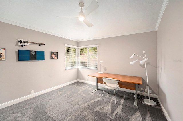 3268 Tanglewood Trl, Palm Harbor, FL 34685 - carpeted office space with crown molding, a ceiling fan, and baseboards