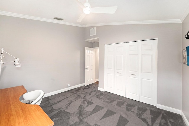 3268 Tanglewood Trl, Palm Harbor, FL 34685 - unfurnished bedroom featuring carpet flooring, crown molding, baseboards, a closet, and ceiling fan