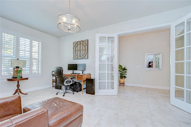 home office featuring french doors, a chandelier, baseboards, and light tile patterned flooring