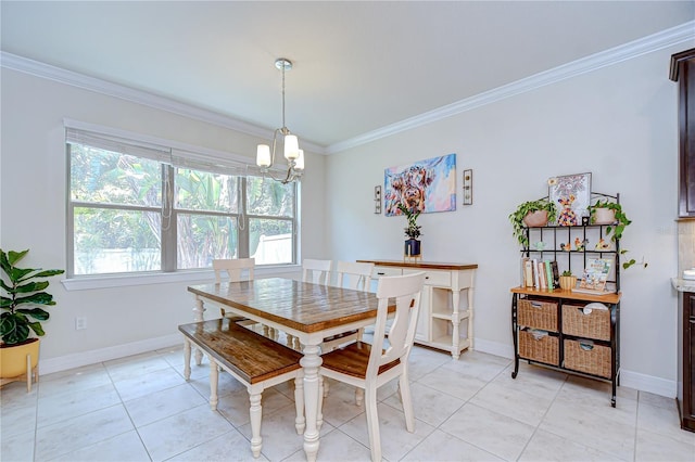 dining space featuring crown molding, a chandelier, light tile patterned flooring, and baseboards