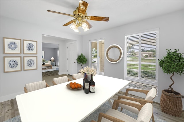 dining room with wood finished floors, ceiling fan, and baseboards