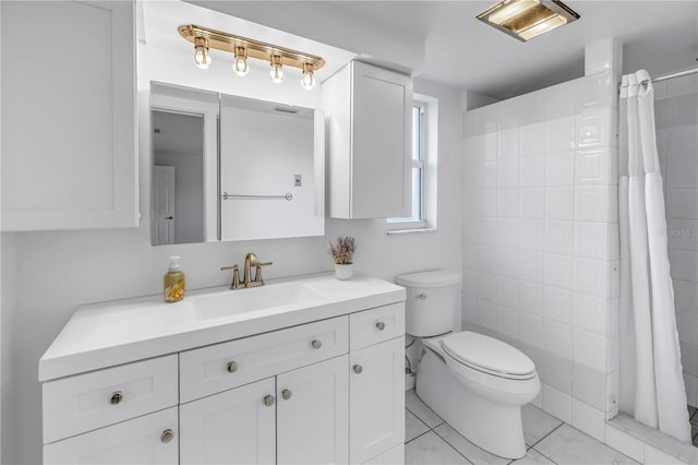 full bath with toilet, vanity, tile patterned floors, and curtained shower