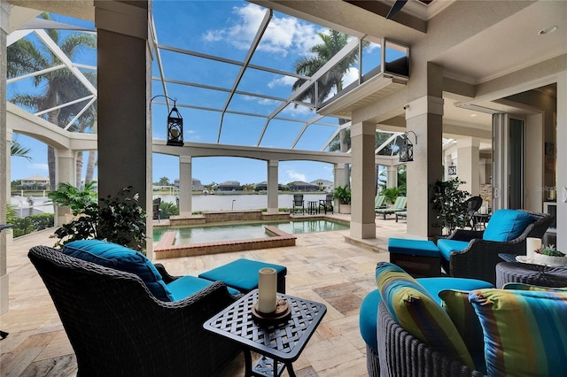 view of patio featuring an outdoor living space, glass enclosure, a water view, and a pool with connected hot tub