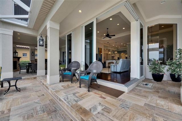 common area with ornamental molding and recessed lighting