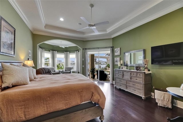 bedroom with access to exterior, ornamental molding, dark wood-style floors, arched walkways, and ceiling fan