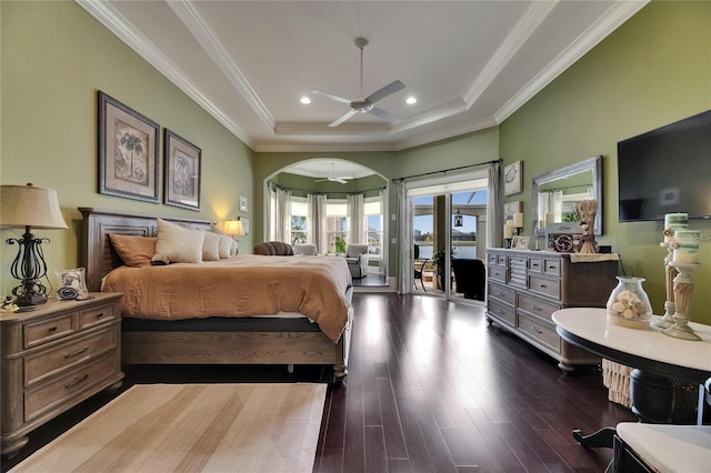 bedroom with access to exterior, dark wood finished floors, recessed lighting, crown molding, and arched walkways
