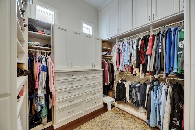 walk in closet featuring dark wood-type flooring
