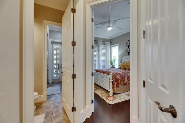 bedroom featuring crown molding, multiple windows, light wood-type flooring, and ceiling fan
