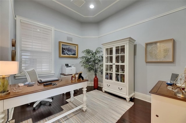home office featuring wood finished floors and baseboards