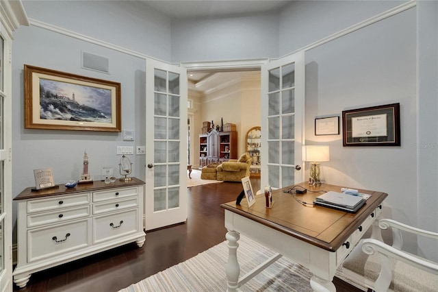 office space featuring french doors, dark wood finished floors, and ornamental molding