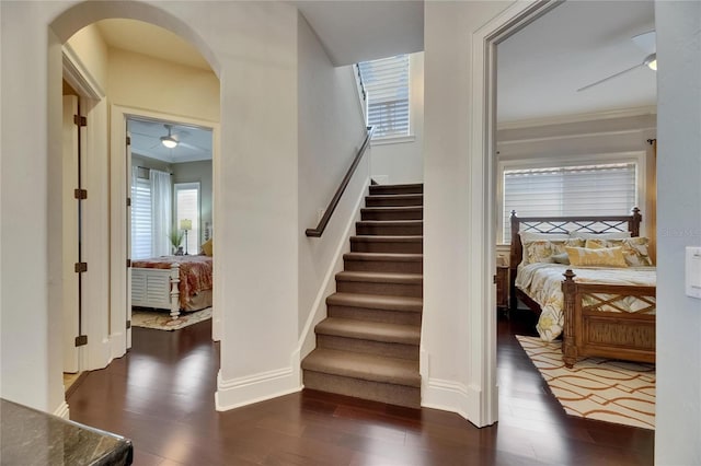 stairs with arched walkways, wood finished floors, healthy amount of natural light, a ceiling fan, and crown molding