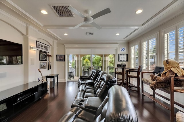 living area featuring ceiling fan, dark wood finished floors, crown molding, recessed lighting, and baseboards