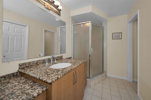 3079 Landmark Blvd Unit 1608, Palm Harbor, FL 34684 - full bath with a shower stall, vanity, baseboards, and tile patterned floors