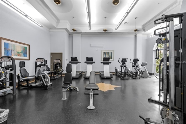 workout area with crown molding