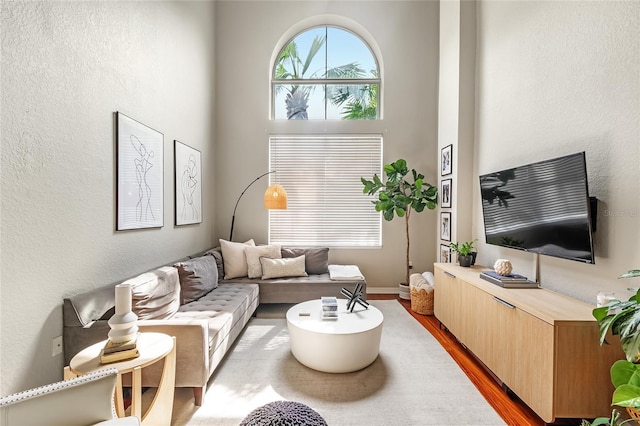 living area featuring wood finished floors, a high ceiling, a textured wall, and baseboards