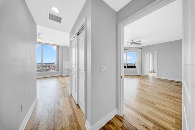 corridor featuring a healthy amount of sunlight, light wood-style flooring, baseboards, and visible vents