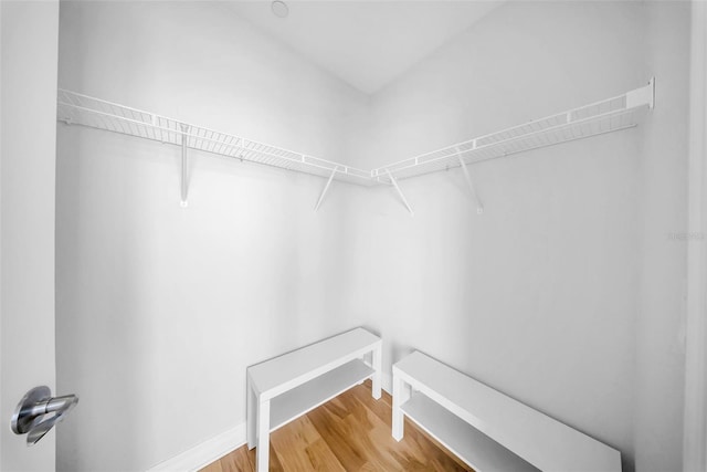 walk in closet with wood finished floors
