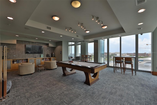 recreation room featuring billiards, carpet, floor to ceiling windows, and visible vents