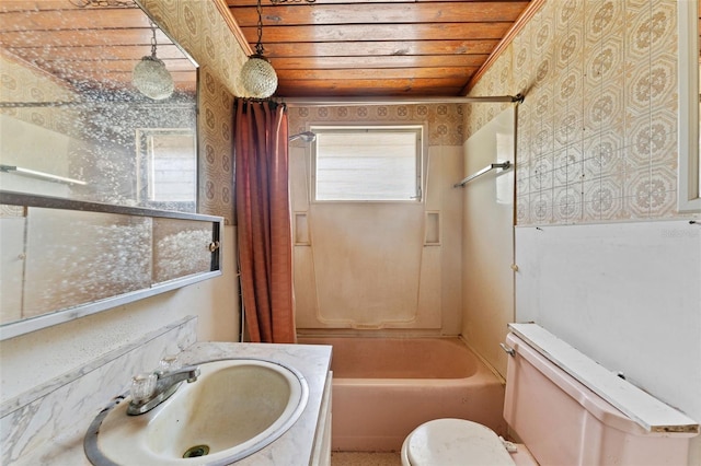 full bathroom featuring shower / tub combo, wallpapered walls, wooden ceiling, toilet, and vanity