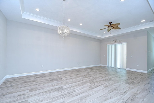 5732 Stockport St, Riverview, FL 33578 - unfurnished room with a raised ceiling, recessed lighting, crown molding, and ceiling fan with notable chandelier