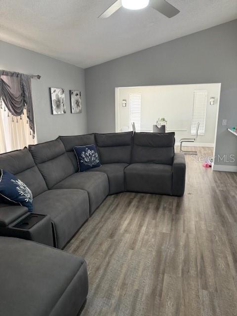 1710 Tallowtree Cir, Valrico, FL 33594 - living area featuring lofted ceiling, baseboards, ceiling fan, and wood finished floors