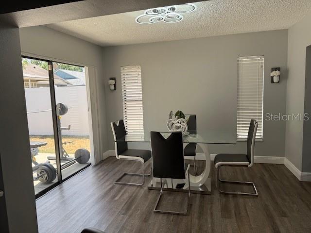 1710 Tallowtree Cir, Valrico, FL 33594 - dining area with a textured ceiling, wood finished floors, and baseboards