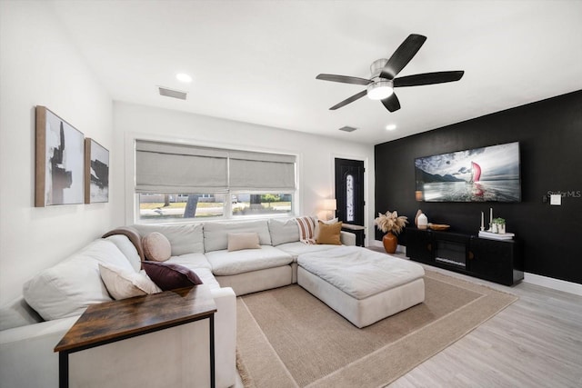 14 S Meteor Ave, Clearwater, FL 33765 - living area with wood finished floors, ceiling fan, and recessed lighting