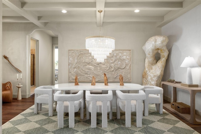 dining space with recessed lighting, an inviting chandelier, wood finished floors, arched walkways, and beam ceiling