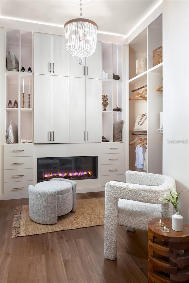 mudroom with an inviting chandelier, a glass covered fireplace, and wood finished floors