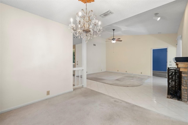 3066 Landmark Blvd Unit 1305, Palm Harbor, FL 34684 - unfurnished living room with ceiling fan, a chandelier, light colored carpet, a fireplace, and light tile patterned flooring