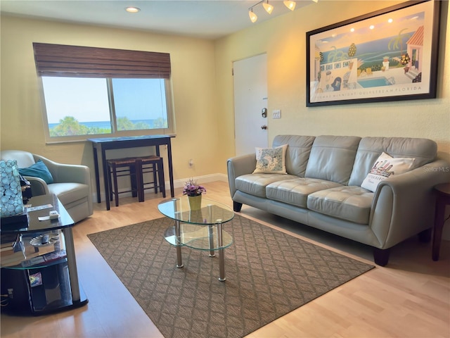 living area featuring wood finished floors and baseboards