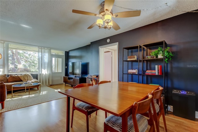 dining area with ceiling fan, wood finished floors, and a textured ceiling