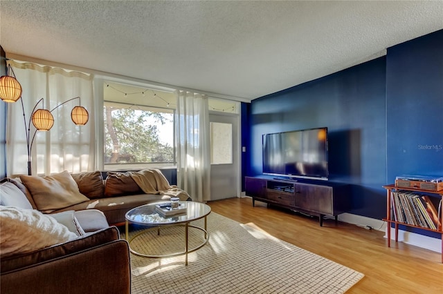 living room featuring wood finished floors, a textured ceiling, and baseboards