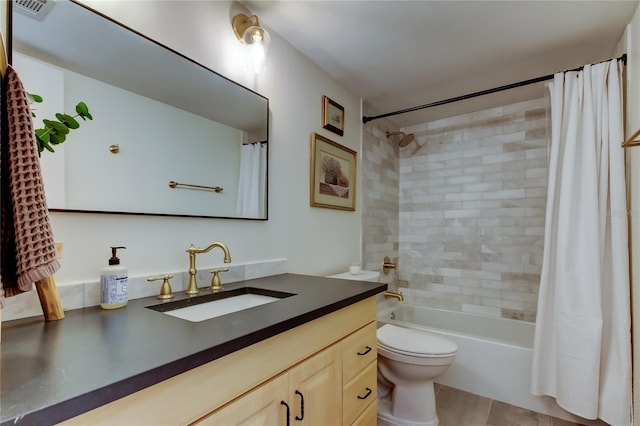bathroom with toilet, shower / bath combination with curtain, vanity, and tile patterned flooring