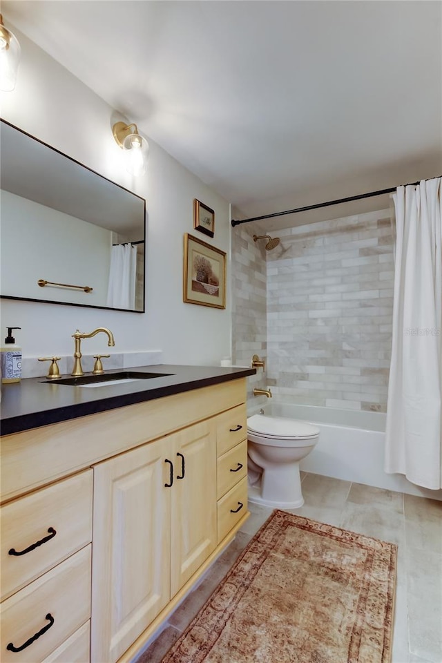 bathroom featuring vanity, toilet, shower / bathtub combination with curtain, and tile patterned flooring
