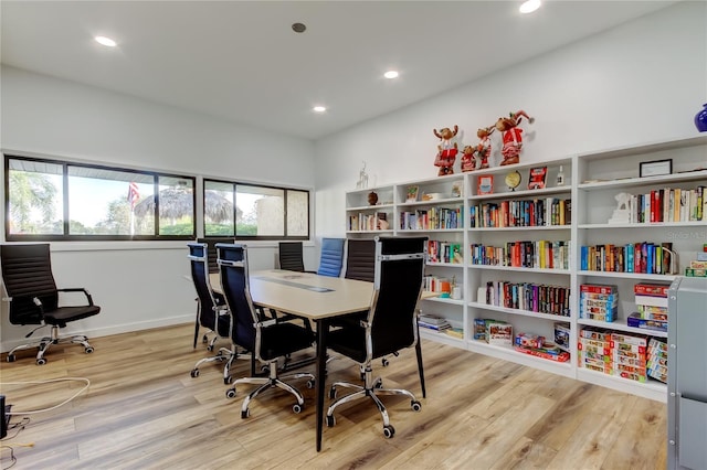 office space featuring wood finished floors, baseboards, and recessed lighting