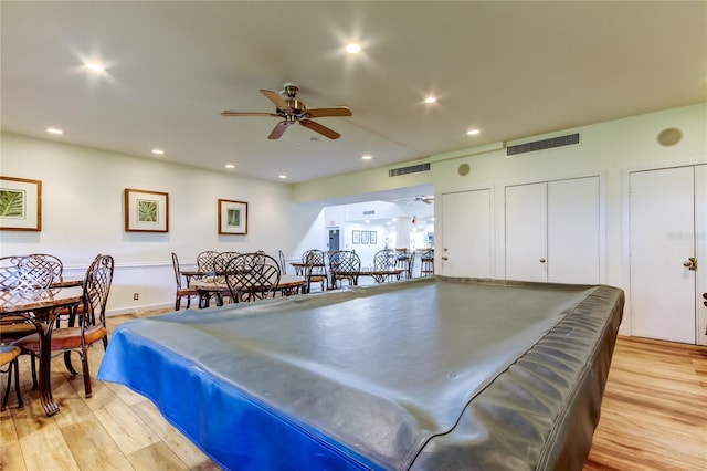 recreation room with a ceiling fan, billiards, light wood-style flooring, and recessed lighting