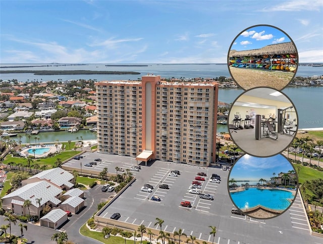 4900 Brittany Dr S Unit 805, Saint Petersburg, FL 33715 - drone / aerial view of a pool area, apartment complex, and a large body of water