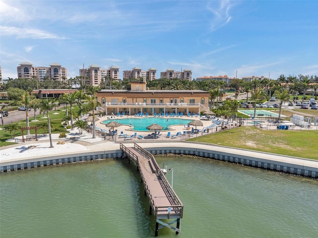 4900 Brittany Dr S Unit 805, Saint Petersburg, FL 33715 - drone / aerial view of a pool area and a large body of water