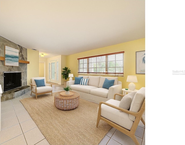 232 Pinecrest Dr, Palm Harbor, FL 34683 - living area with light tile patterned flooring and a fireplace