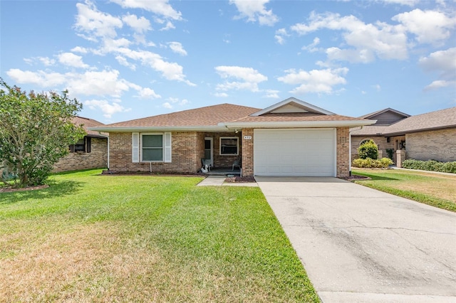 single story home with concrete driveway, a garage, brick siding, and a front yard