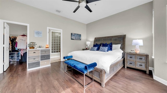 bedroom featuring a spacious closet, wood finished floors, baseboards, and a closet