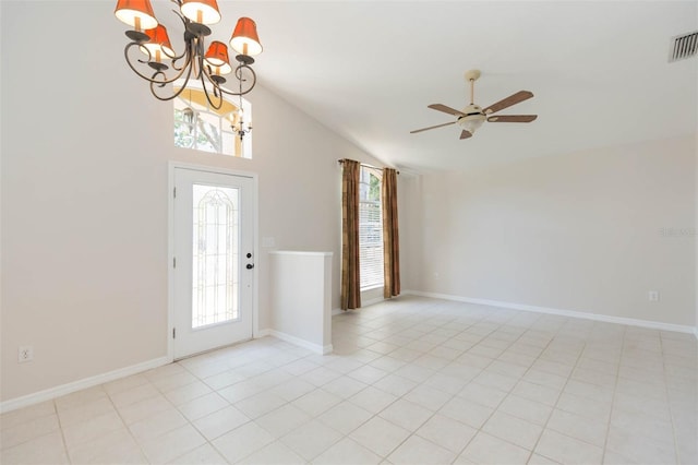foyer with light tile patterned floors, baseboards, ceiling fan with notable chandelier, and vaulted ceiling