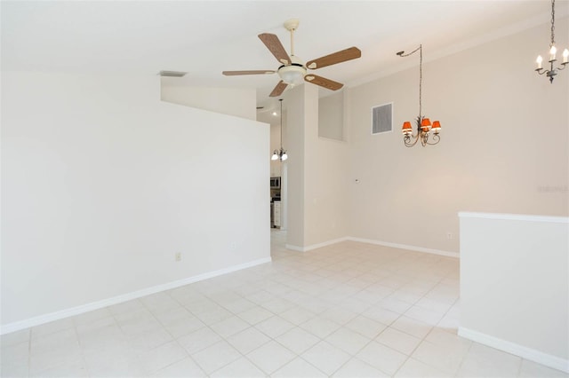 unfurnished room featuring visible vents, baseboards, ceiling fan with notable chandelier, and high vaulted ceiling