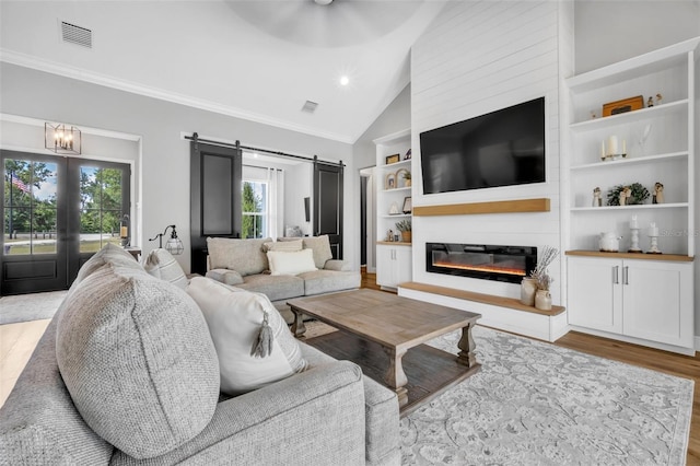 14902 Sweat Loop Rd, Wimauma, FL 33598 - living area featuring wood finished floors, healthy amount of natural light, lofted ceiling, a fireplace, and built in features