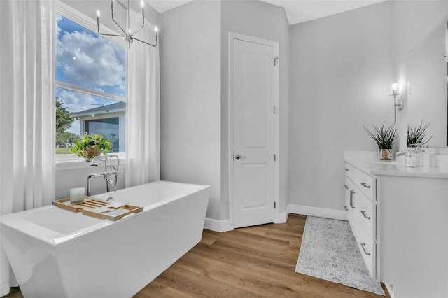14902 Sweat Loop Rd, Wimauma, FL 33598 - bathroom with wood finished floors, vanity, baseboards, a soaking tub, and a chandelier