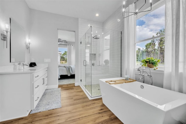14902 Sweat Loop Rd, Wimauma, FL 33598 - bathroom with a stall shower, vanity, wood finished floors, connected bathroom, and a soaking tub