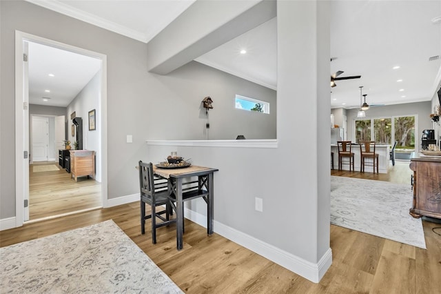14902 Sweat Loop Rd, Wimauma, FL 33598 - dining space with a ceiling fan, wood finished floors, baseboards, crown molding, and recessed lighting